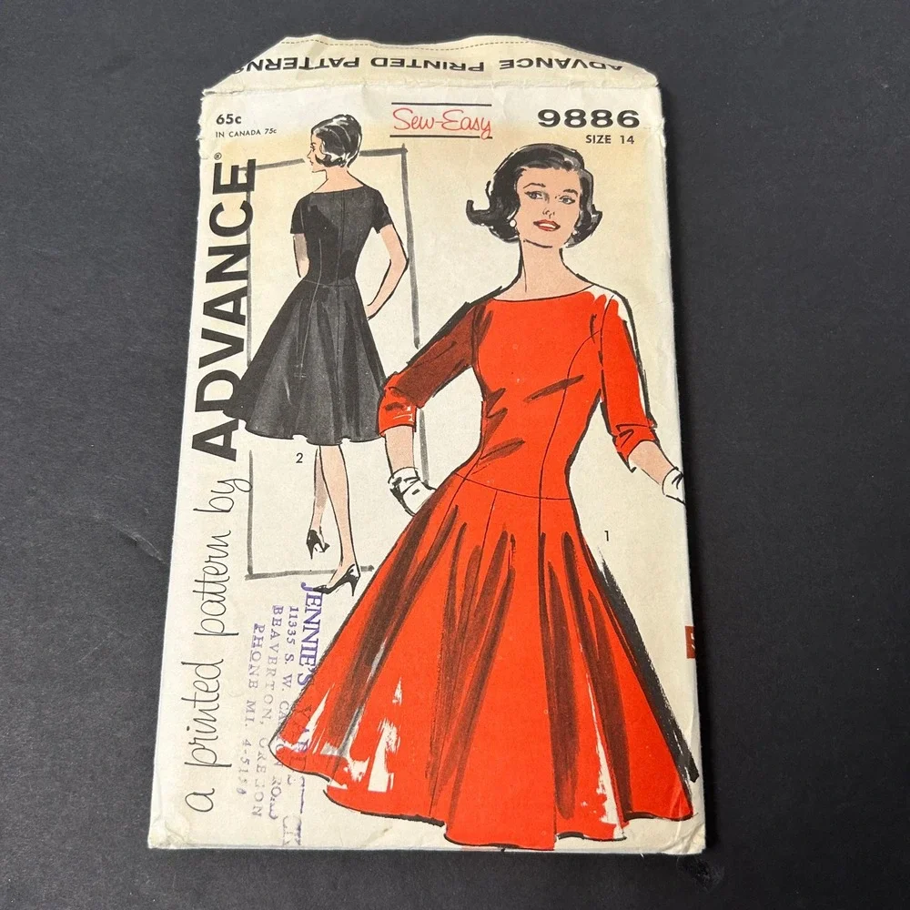 Vintage 60's Advance 9886 Sewing Pattern Misses Size 14 Fit and Flare Dress
